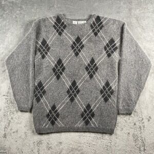 Vtg Rafaella Sweater Womens Size M Grey‎ Argyle Angora Lambswool Shaggy Academia